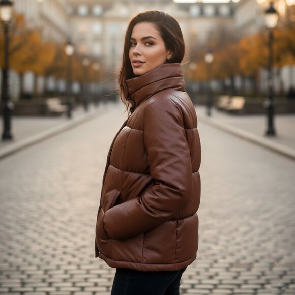 🔥STEVE MADDEN Women Faux Leather Jacket (M) Brown Quilted TRENDY - Picture 4 of 7